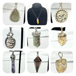Assorted Gemstone Pendants Lot of 9 Handmade Silver Jewelry Hexagonal Teardrop